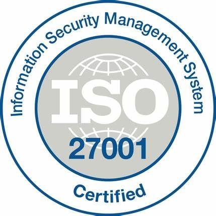 ISO 27001 Information Security Management System certified logo in blue and gray.