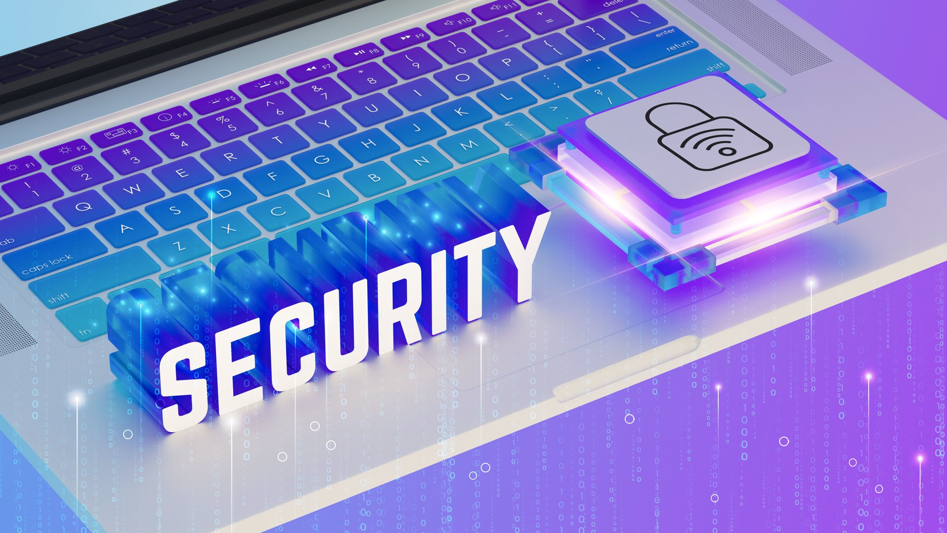 Cybersecurity concept, keyboard, glowing  SECURITY text, lock and Wi-Fi icons, binary code, holographic effect, purple-blue gradient, high-tech design, data encryption, isometric view, cinematic lighting, 8K resolution.